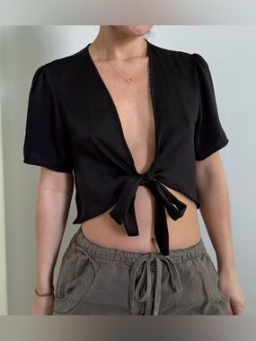 Black Tie-Front Silky Crop Top